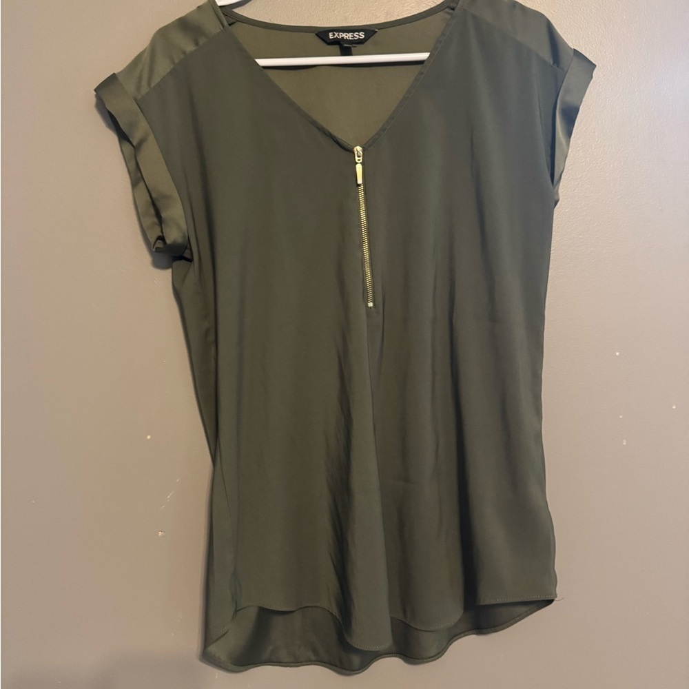 Express Green Cuffed Sleeve Blouse with Zipper